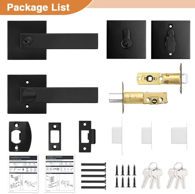 Alt view image 7 of 7 - Square Entry Levers and Single Cylinder Deadbolts Combo Pack, Flat Black Keyed Alike Heavy Duty Keyed Entry Handles Locksets Reversible for Right and Left Side, 2 Pack(All Same Keys)