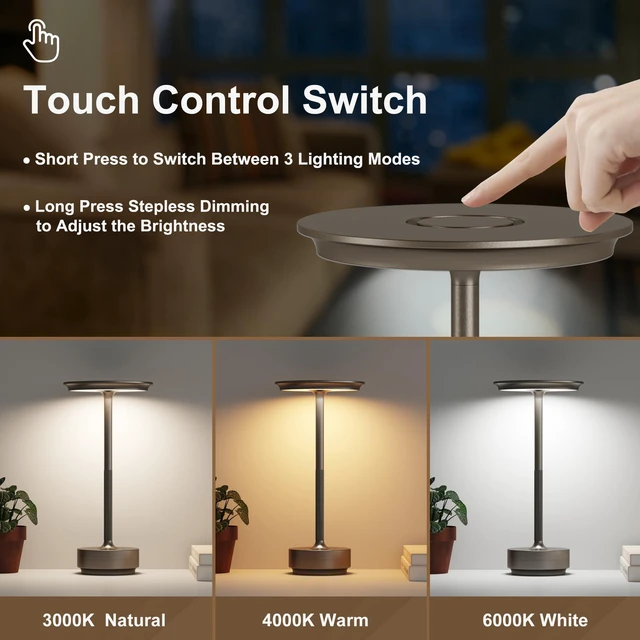 Alt view image 2 of 7 - 2 Pack Cordless Table Lamps Rechargeable, 5000mAh LED Table Light Portable 3 Color Stepless Dimming Battery Powered Table Lamp with Memory Function for Restaurant/Home/Outdoor.(Cafe)