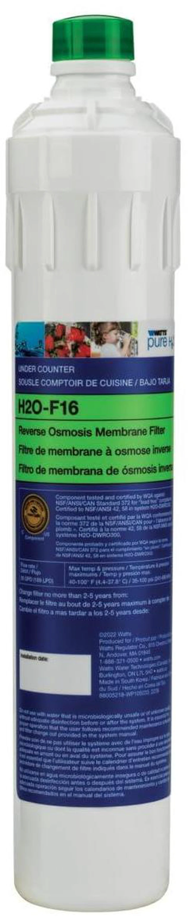Main image of H2O-F16 Pure H2O 50 GPD RO Membrane Replacement Filter Fits H2O-Dwuf300 Reduces TDS Lead Cysts Chromium to 0.1 Micron Push Button Release Design Lasts 2-5 Years Fresh Clean Water