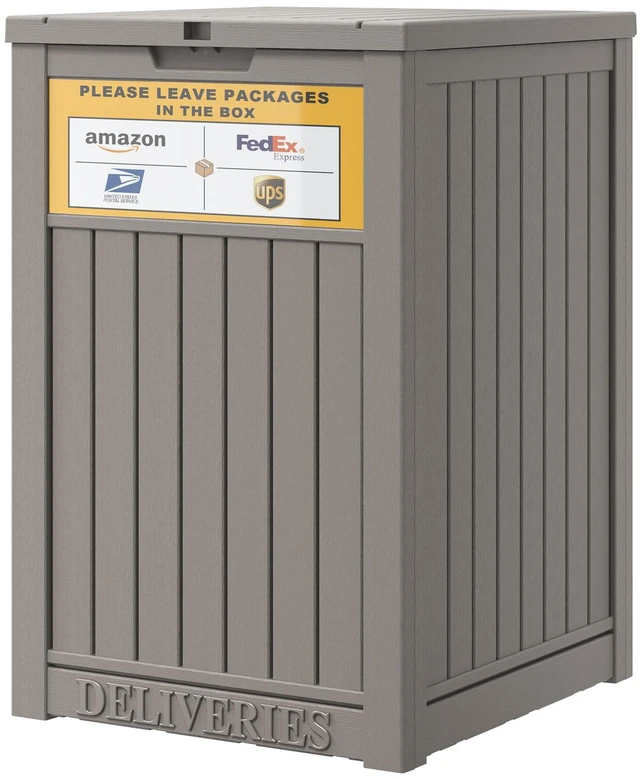 Main image of Package Delivery Box for Outside, Grey with Sign, Secure Lockable, Waterproof, Resin, for Porch & Garden