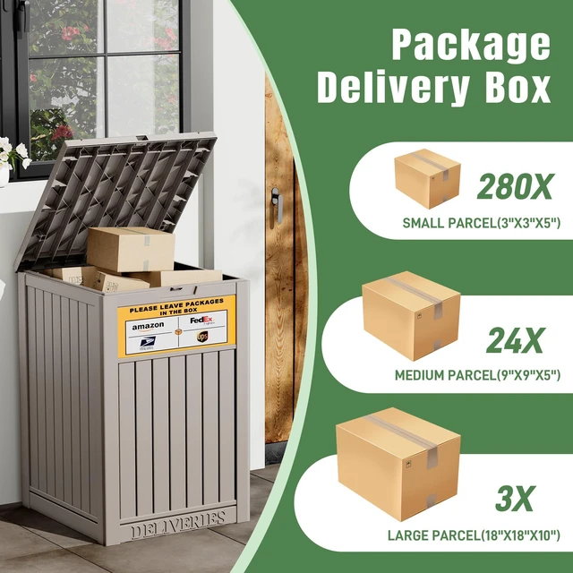 Alt view image 2 of 6 - Package Delivery Box for Outside, Grey with Sign, Secure Lockable, Waterproof, Resin, for Porch & Garden