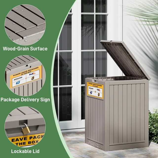 Alt view image 5 of 6 - Package Delivery Box for Outside, Grey with Sign, Secure Lockable, Waterproof, Resin, for Porch & Garden