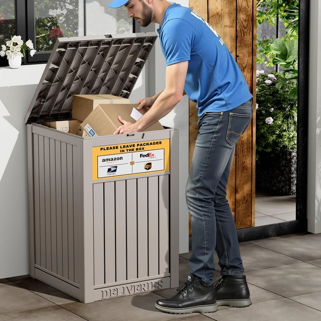 Alt view image 6 of 6 - Package Delivery Box for Outside, Grey with Sign, Secure Lockable, Waterproof, Resin, for Porch & Garden