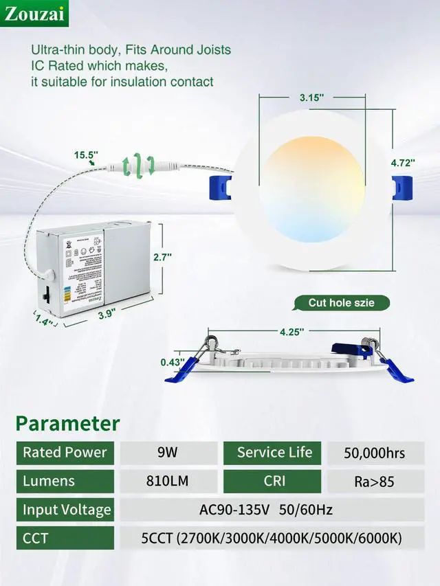 Alt view image 5 of 7 - 12 Pack 4 Inch LED Recessed Ceiling Light, 5CCT, 9W=60W, Dimmable 6000K/5000K/4000K/3000K/2700K Selectable, 120V, with J-Box, Led Can Lights, White, IC Rated, ETL & Energy Star Certified