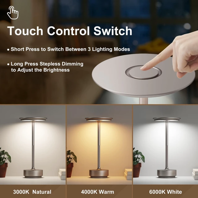 Alt view image 2 of 7 - 2 Pack Cordless Table Lamps Rechargeable, 5000mAh LED Table Light 3 Color Stepless Dimming Battery Powered Table Lamp with Memory Function for Restaurant/Home/Outdoor.(Champagne Gold)