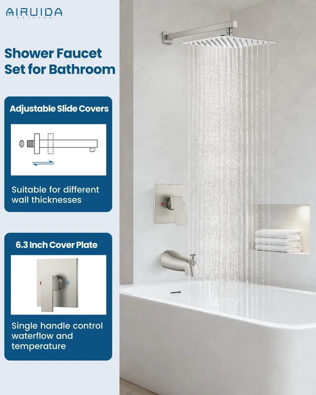Alt view image 2 of 7 - 10 Inch Shower Faucet Set,Bathtub Faucet Kit,Brushed Nickel Shower Tub Faucet Set,Male Threads Rough-In Valve,Square Head Shower System