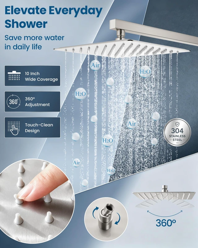 Alt view image 4 of 7 - 10 Inch Shower Faucet Set,Bathtub Faucet Kit,Brushed Nickel Shower Tub Faucet Set,Male Threads Rough-In Valve,Square Head Shower System