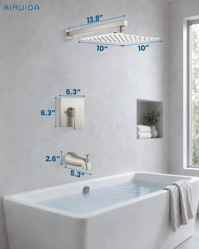 Alt view image 7 of 7 - 10 Inch Shower Faucet Set,Bathtub Faucet Kit,Brushed Nickel Shower Tub Faucet Set,Male Threads Rough-In Valve,Square Head Shower System