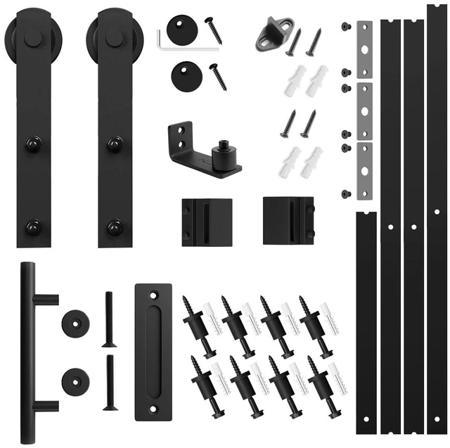 Alt view image 4 of 7 - 10 FT Heavy Duty Sturdy Sliding Barn Door Hardware Kit Black (Whole Set Includes 1x Pull Handle Set & 1x Floor Guide) Fit 60" Wide Door Panel (I Shape Hanger)