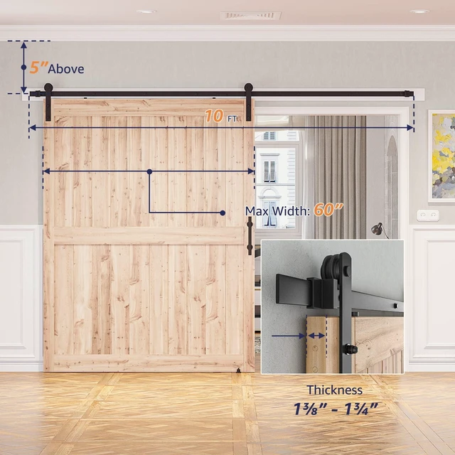 Alt view image 5 of 7 - 10 FT Heavy Duty Sturdy Sliding Barn Door Hardware Kit Black (Whole Set Includes 1x Pull Handle Set & 1x Floor Guide) Fit 60" Wide Door Panel (I Shape Hanger)