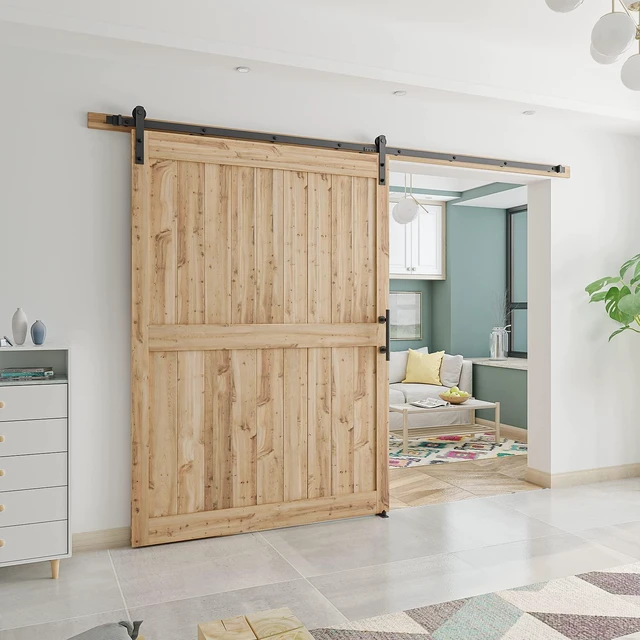 Alt view image 6 of 7 - 10 FT Heavy Duty Sturdy Sliding Barn Door Hardware Kit Black (Whole Set Includes 1x Pull Handle Set & 1x Floor Guide) Fit 60" Wide Door Panel (I Shape Hanger)