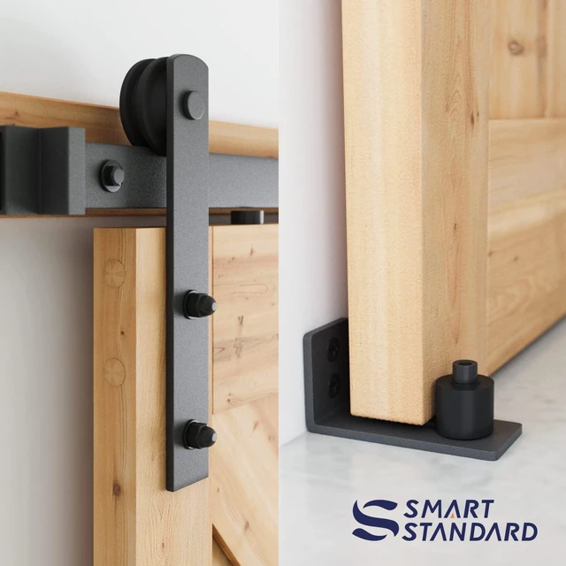 Alt view image 7 of 7 - 10 FT Heavy Duty Sturdy Sliding Barn Door Hardware Kit Black (Whole Set Includes 1x Pull Handle Set & 1x Floor Guide) Fit 60" Wide Door Panel (I Shape Hanger)