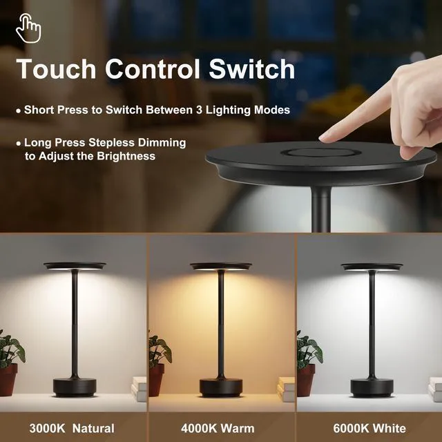 Alt view image 2 of 7 - 2 Pack Cordless Table Lamps Rechargeable, 5000mAh LED Table Light Portable 3 Color Stepless Dimming Battery Powered Table Lamp with Memory Function for Restaurant/Home/Outdoor.(Black)