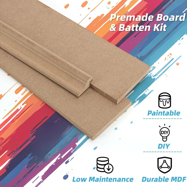 Alt view image 5 of 7 - MDF Premade Paintable Board and Batten Wainscoting Kit, 189 x 54 in Molding Slat with Edge Strip, Lightweight, Paintable, Impact-Resistant, Easy to Install, Ideal for Living Rooms, Bedrooms
