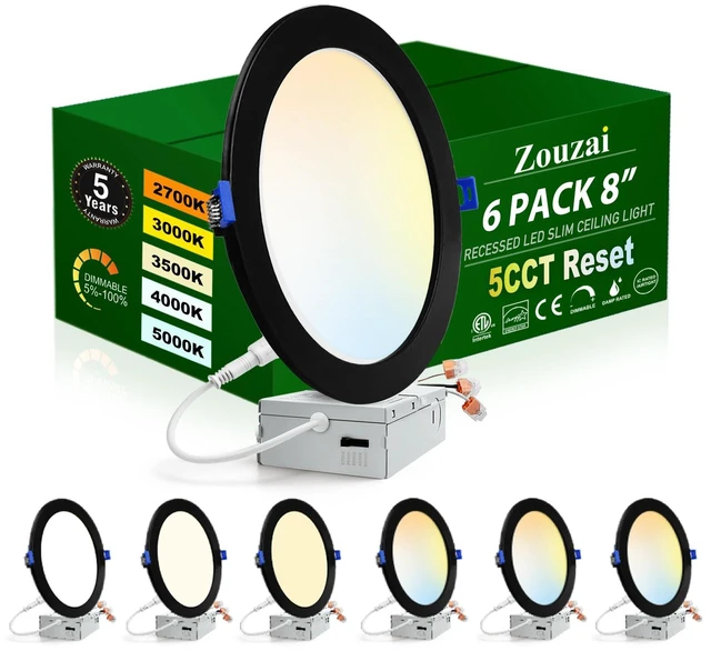 Main image of 6 Pack 8" Black LED Recessed Ceiling Light, 5CCT, Dimmable, 1685LM 18W Eqv 150W, 2700K/3000K/3500K/4000K/5000K Selectable, 120V, with Junction Box, Ultra-Thin, IC & Damp Rated, ETL Certified