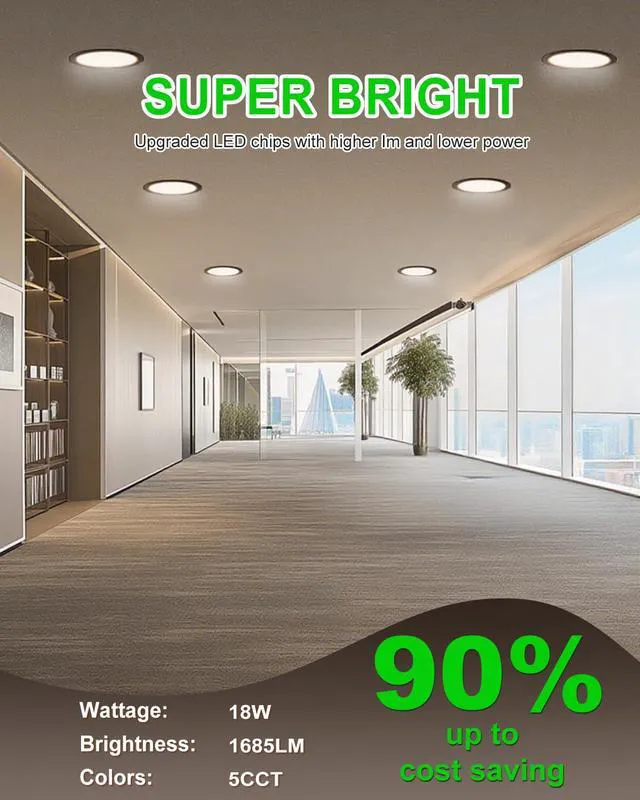 Alt view image 7 of 7 - 6 Pack 8" Black LED Recessed Ceiling Light, 5CCT, Dimmable, 1685LM 18W Eqv 150W, 2700K/3000K/3500K/4000K/5000K Selectable, 120V, with Junction Box, Ultra-Thin, IC & Damp Rated, ETL Certified