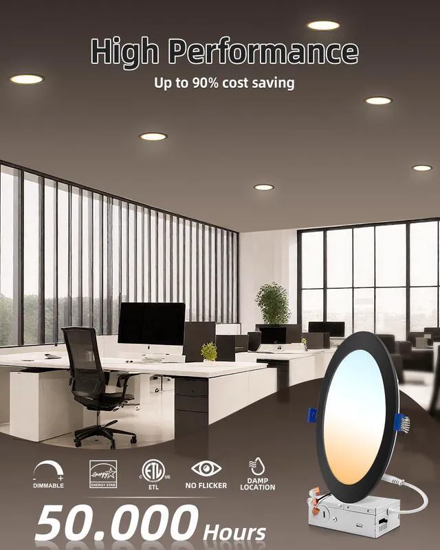Alt view image 6 of 7 - 6 Pack 8" Black LED Recessed Ceiling Light, 5CCT, Dimmable, 1685LM 18W Eqv 150W, 2700K/3000K/3500K/4000K/5000K Selectable, 120V, with Junction Box, Ultra-Thin, IC & Damp Rated, ETL Certified