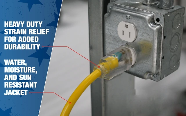 Alt view image 3 of 5 - Outdoor Extension Cord Durable Vinyl Jacket for For Farm, Ranch & Workshop - Lighted End With Reinforced Blades - SJTW, Yellow - 12 Gauge, 3 Prong - 100 Feet