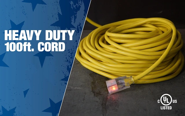 Alt view image 2 of 5 - Outdoor Extension Cord Durable Vinyl Jacket for For Farm, Ranch & Workshop - Lighted End With Reinforced Blades - SJTW, Yellow - 12 Gauge, 3 Prong - 100 Feet