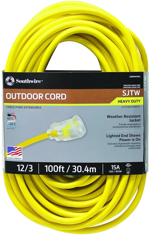 Alt view image 5 of 5 - Outdoor Extension Cord Durable Vinyl Jacket for For Farm, Ranch & Workshop - Lighted End With Reinforced Blades - SJTW, Yellow - 12 Gauge, 3 Prong - 100 Feet