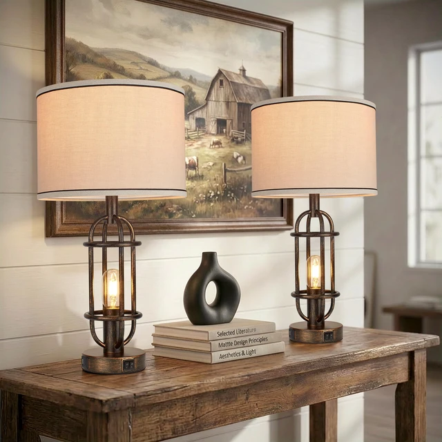 Alt view image 4 of 7 - 22.3Vintage Table Lamps for Living Room, Bedroom Lamps Set of 2 Retro Bronze, Farmhouse Bedside Lamps for Nightstand, End Table, Foyer, Dual Button Switch, USB A+C Ports, Bulbs Included
