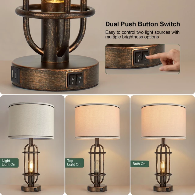 Alt view image 2 of 7 - 22.3Vintage Table Lamps for Living Room, Bedroom Lamps Set of 2 Retro Bronze, Farmhouse Bedside Lamps for Nightstand, End Table, Foyer, Dual Button Switch, USB A+C Ports, Bulbs Included
