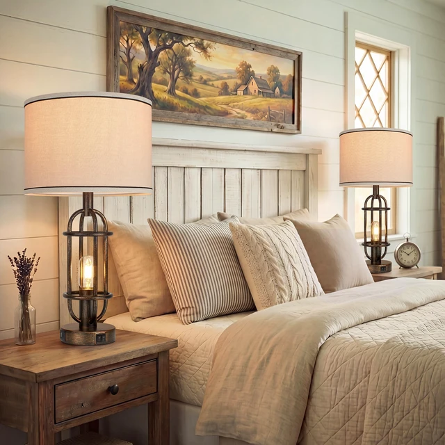 Alt view image 5 of 7 - 22.3Vintage Table Lamps for Living Room, Bedroom Lamps Set of 2 Retro Bronze, Farmhouse Bedside Lamps for Nightstand, End Table, Foyer, Dual Button Switch, USB A+C Ports, Bulbs Included