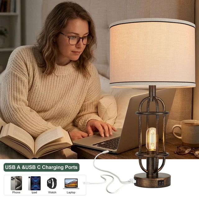 Alt view image 3 of 7 - 22.3Vintage Table Lamps for Living Room, Bedroom Lamps Set of 2 Retro Bronze, Farmhouse Bedside Lamps for Nightstand, End Table, Foyer, Dual Button Switch, USB A+C Ports, Bulbs Included