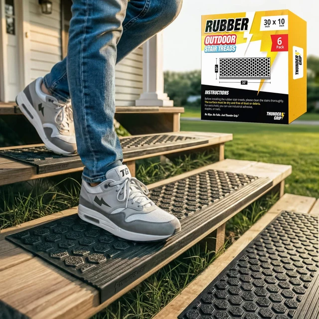 Main image of Rubber Stair Treads Outdoor 30" x 10" 6-Pack - Heavy-Duty Non-Slip Rubber Outdoor Stair Treads Non-Slip Weather Resistant, Exterior Rubber Mats for Wooden Steps, Anti Slip Step Covers by