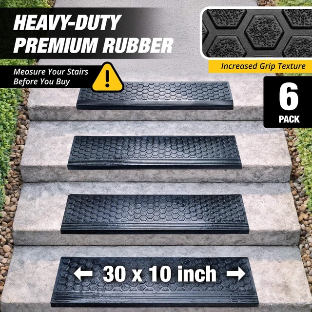 Alt view image 5 of 7 - Rubber Stair Treads Outdoor 30" x 10" 6-Pack - Heavy-Duty Non-Slip Rubber Outdoor Stair Treads Non-Slip Weather Resistant, Exterior Rubber Mats for Wooden Steps, Anti Slip Step Covers by