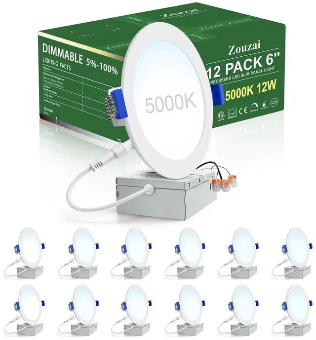 Main image of 12 Pack 6" LED Recessed Lighting, 5000K Daylight, 12W=110W, Dimmable 1080LM High Brightness, Canless Wafer Downlight, with J-Box, IC Rated, White, ETL & Energy Star Certified