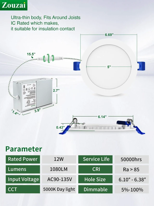 Alt view image 6 of 7 - 12 Pack 6" LED Recessed Lighting, 5000K Daylight, 12W=110W, Dimmable 1080LM High Brightness, Canless Wafer Downlight, with J-Box, IC Rated, White, ETL & Energy Star Certified