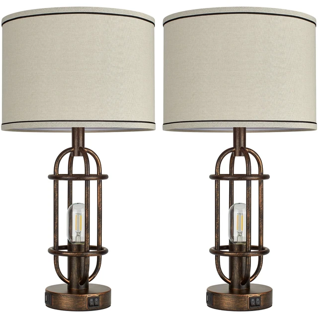 Alt view image 7 of 7 - 22.3Vintage Table Lamps for Living Room, Bedroom Lamps Set of 2 Retro Bronze, Farmhouse Bedside Lamps for Nightstand, End Table, Foyer, Dual Button Switch, USB A+C Ports, Bulbs Included