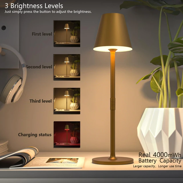 Alt view image 2 of 7 - 4-Pack Cordless Table Lamps - 5000mAh Rechargeable Battery Operated Desk Lamp, 3-Level Dimmable LED Night Light for Bedroom, Dining, Restaurant - Metal Design (Bronze 4PACK)