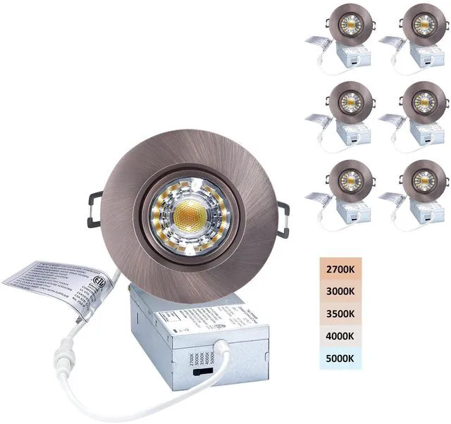 Main image of 3 Inch Gimbal LED Recessed Lights 6 Pack,Adjustable Downlight,Bronze Oil Rubbed Bronze,360°Rotatable,Die-cast Aluminum, 8W 851LM, Premium Canless Spotlight, 5CCT,Dimmable, 30°Tilt, ETL, IC Rated