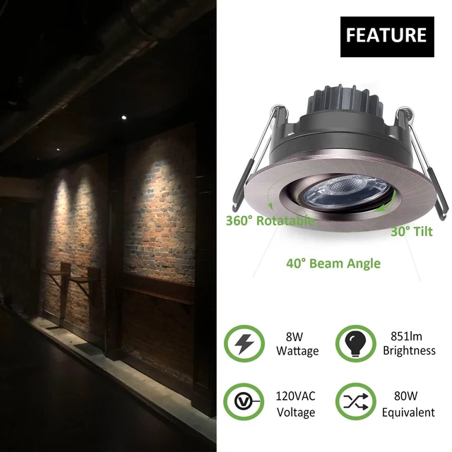 Alt view image 2 of 5 - 3 Inch Gimbal LED Recessed Lights 6 Pack,Adjustable Downlight,Bronze Oil Rubbed Bronze,360°Rotatable,Die-cast Aluminum, 8W 851LM, Premium Canless Spotlight, 5CCT,Dimmable, 30°Tilt, ETL, IC Rated