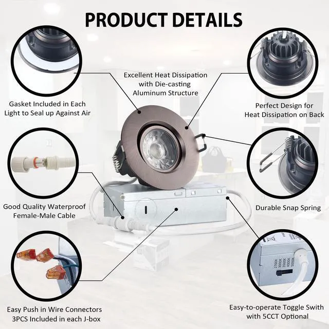Alt view image 4 of 5 - 3 Inch Gimbal LED Recessed Lights 6 Pack,Adjustable Downlight,Bronze Oil Rubbed Bronze,360°Rotatable,Die-cast Aluminum, 8W 851LM, Premium Canless Spotlight, 5CCT,Dimmable, 30°Tilt, ETL, IC Rated
