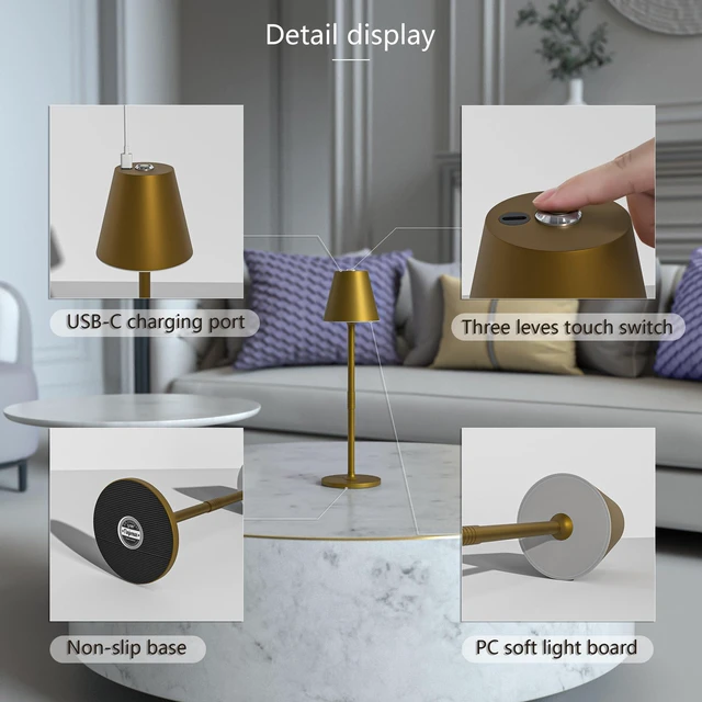 Alt view image 7 of 7 - 4-Pack Cordless Table Lamps - 5000mAh Rechargeable Battery Operated Desk Lamp, 3-Level Dimmable LED Night Light for Bedroom, Dining, Restaurant - Metal Design (Bronze 4PACK)