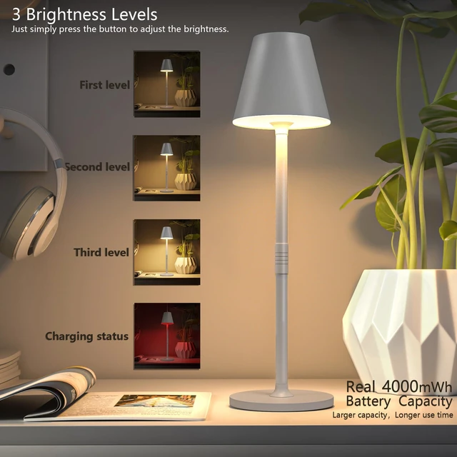 Alt view image 2 of 7 - 4-Pack Cordless Table Lamps - 5000mAh Rechargeable Battery Operated Desk Lamp, 3-Level Dimmable LED Night Light for Bedroom, Dining, Restaurant - Metal Design(White 4PACK)