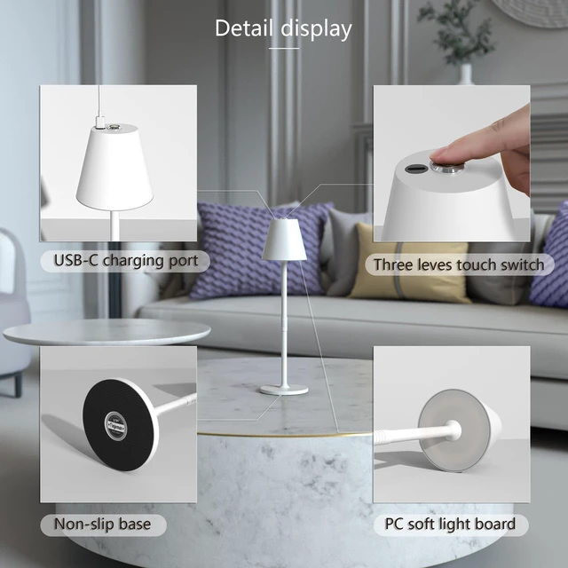 Alt view image 6 of 7 - 4-Pack Cordless Table Lamps - 5000mAh Rechargeable Battery Operated Desk Lamp, 3-Level Dimmable LED Night Light for Bedroom, Dining, Restaurant - Metal Design(White 4PACK)