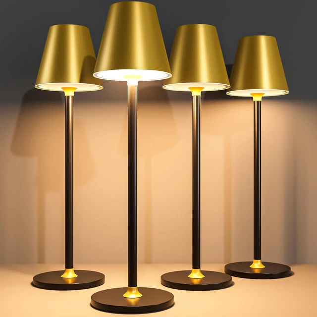 Main image of 4-Pack Cordless Table Lamps - 5000mAh Rechargeable Battery Operated Desk Lamp, 3-Level Dimmable LED Night Light for Bedroom, Dining, Restaurant - Metal Design(Gold&Black 4PACK)
