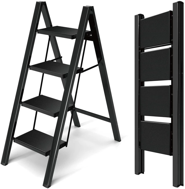 Main image of Aluminum Step Stool Foldable,4 Step Ladder (Black) Lightweight Portable step ladder with Anti-Slip Wide Pedal,330lbs Capacity Ladder for Household,Office,Kitchen