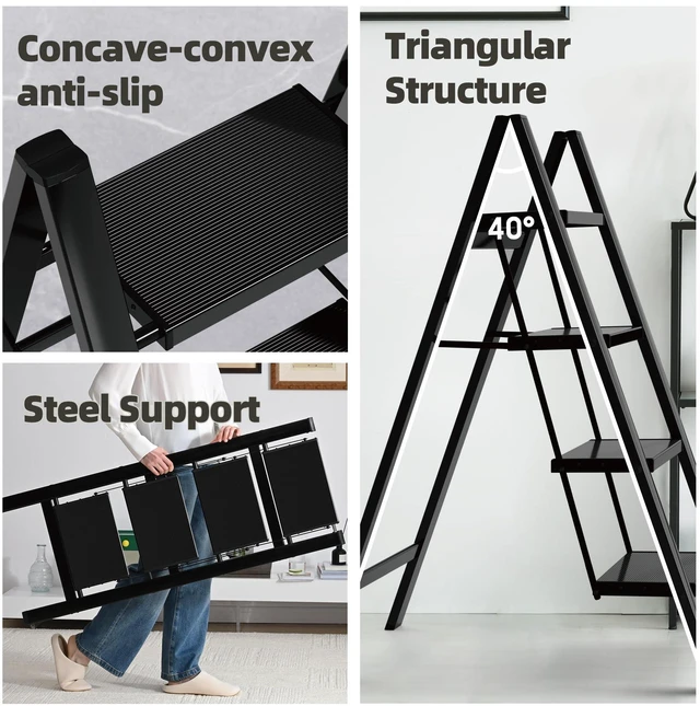 Alt view image 2 of 7 - Aluminum Step Stool Foldable,4 Step Ladder (Black) Lightweight Portable step ladder with Anti-Slip Wide Pedal,330lbs Capacity Ladder for Household,Office,Kitchen