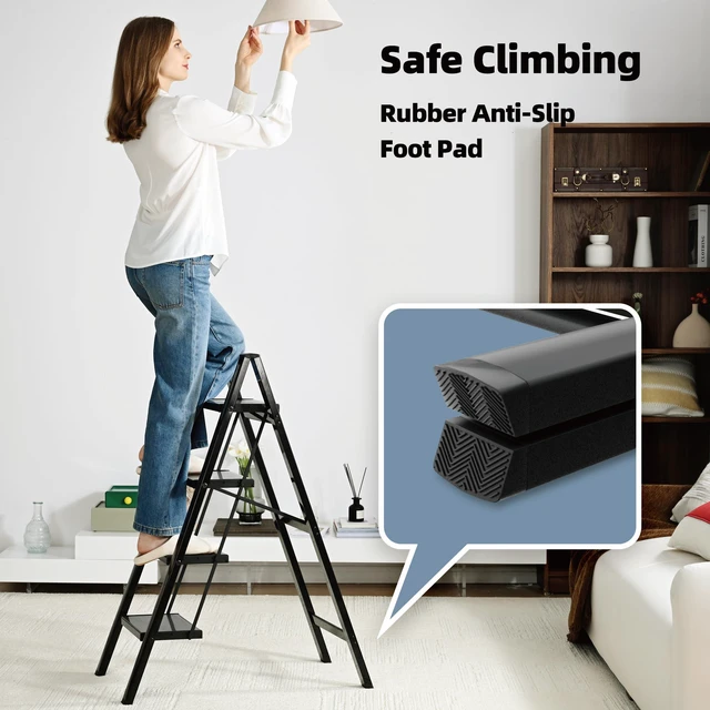 Alt view image 4 of 7 - Aluminum Step Stool Foldable,4 Step Ladder (Black) Lightweight Portable step ladder with Anti-Slip Wide Pedal,330lbs Capacity Ladder for Household,Office,Kitchen