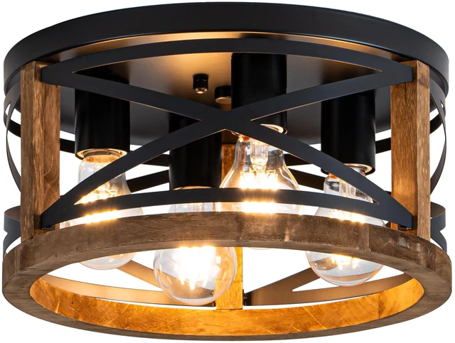 Main image of Farmhouse Light Fixtures, 4-Light Round Flush Mount Ceiling Light with Wood and Metal Frame, Black Rustic Ceiling Light for Hallway, Entryway, Bedroom, Kitchen
