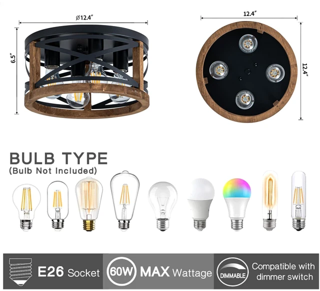 Alt view image 3 of 7 - Farmhouse Light Fixtures, 4-Light Round Flush Mount Ceiling Light with Wood and Metal Frame, Black Rustic Ceiling Light for Hallway, Entryway, Bedroom, Kitchen