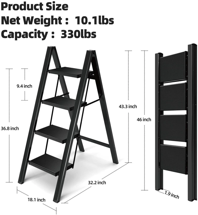 Alt view image 6 of 7 - Aluminum Step Stool Foldable,4 Step Ladder (Black) Lightweight Portable step ladder with Anti-Slip Wide Pedal,330lbs Capacity Ladder for Household,Office,Kitchen