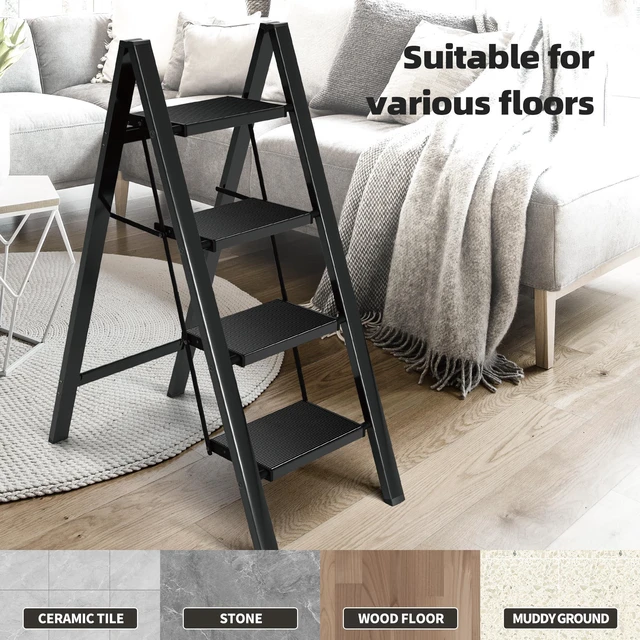 Alt view image 7 of 7 - Aluminum Step Stool Foldable,4 Step Ladder (Black) Lightweight Portable step ladder with Anti-Slip Wide Pedal,330lbs Capacity Ladder for Household,Office,Kitchen