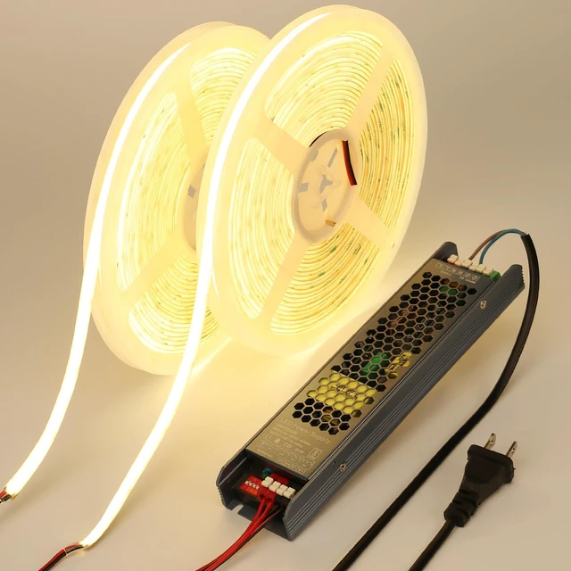 Main image of 24V Diffused Outdoor COB LED Strip Lights Waterproof 65.6ft IP67 4000K Natural White LED Tape Light Adhesive 160W CRI 93 with Power Supply for Bedroom Garden Living Room, 2 Rolls of 32.8ft