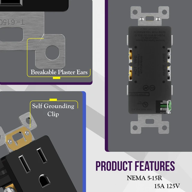 Alt view image 3 of 7 - 40 Pack Decorator Outlet 15A Receptacle with Screwless Wall Plate Self-Grounding, UL Listed, Standard Residential Electrical Outlets for Home, Non-Tamper Resistant, 5-15R, 125V, Glossy Black